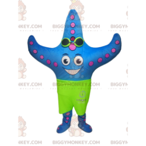 Fato de mascote azul Starfish BIGGYMONKEY™ com calção de banho verde neon - Mascotes de peixe - BiggyMonkey.com