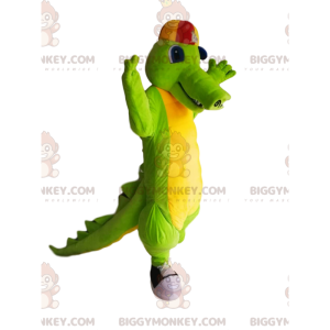 Grøn og gul krokodille BIGGYMONKEY™ maskotkostume med kasket -