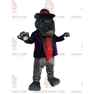BIGGYMONKEY™ Gray Bulldog Mascot Costume with Striped Jacket