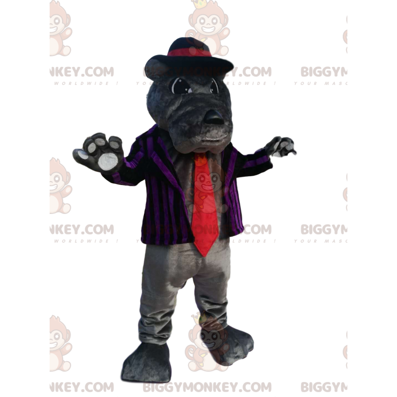 BIGGYMONKEY™ Grijze Bulldog-mascottekostuum met gestreept jasje BIGGYMONKEY™ Grijze Bulldog-mascottekostuum met gestreept jasje