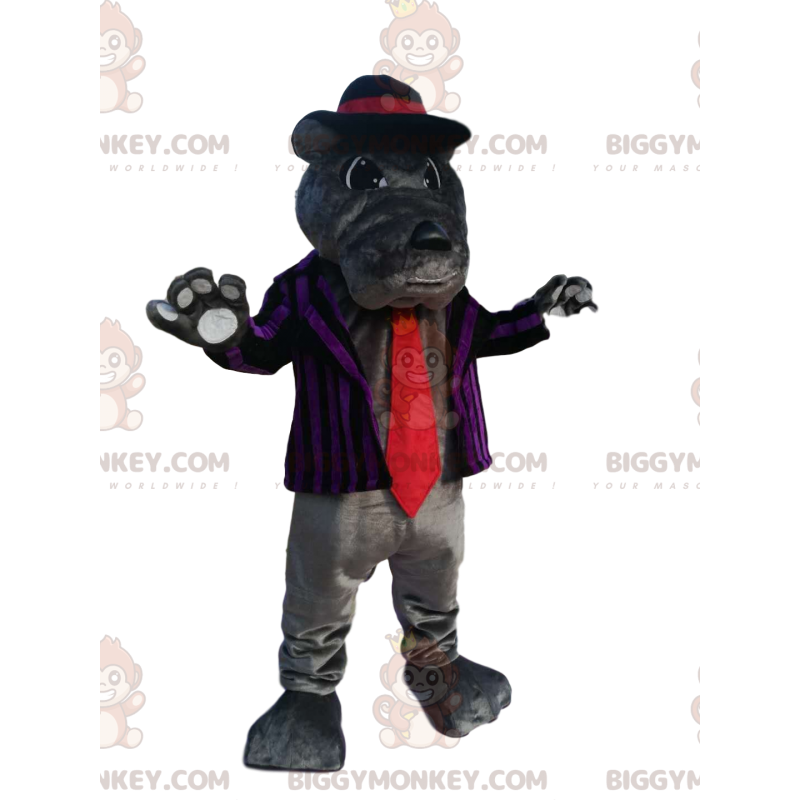 BIGGYMONKEY™ grå bulldogmaskotdräkt med randig jacka och röd