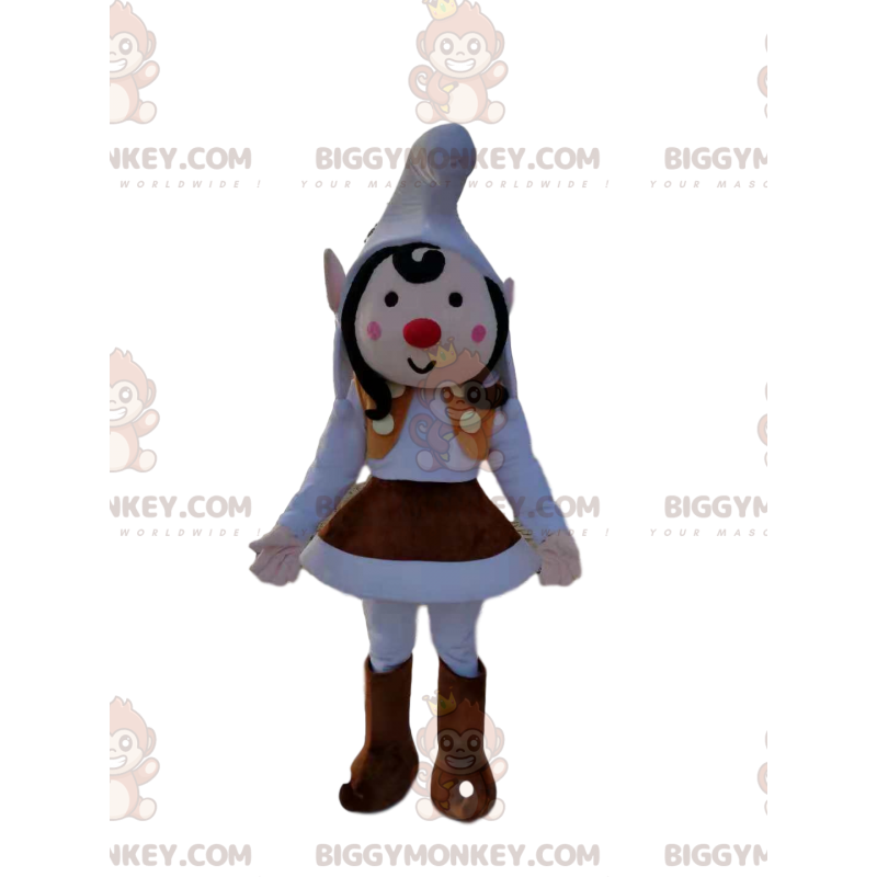 Pixie BIGGYMONKEY™ Mascot Costume with Cute Outfit and Red Nose Pixie BIGGYMONKEY™ Mascot Costume with Cute Outfit and Red Nose