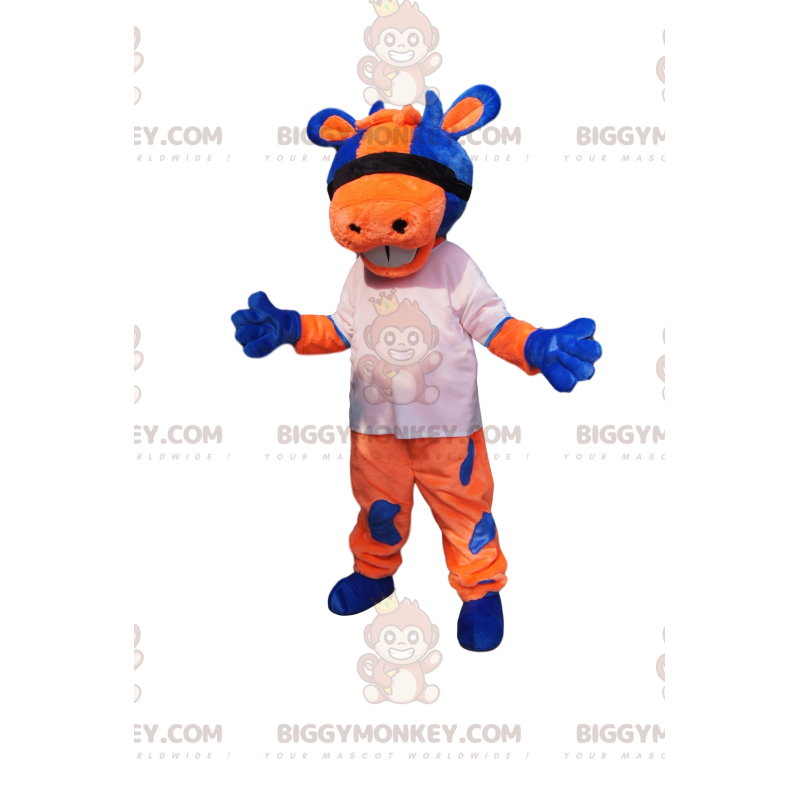 Costume de mascotte BIGGYMONKEY™ de vache orange et bleue avec Costume de mascotte BIGGYMONKEY™ de vache orange et bleue avec