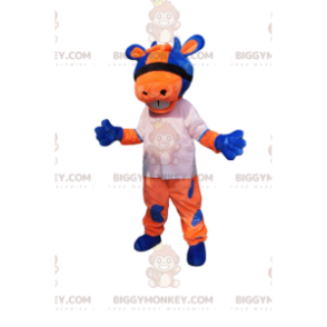 Kostým oranžová a modrá kráva BIGGYMONKEY™ maskota s bílým dresem - Krávy maskoti - BIGGYMONKEY_013499 - BiggyMonkey.com