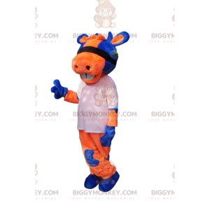 Στολή μασκότ BIGGYMONKEY™ με πορτοκαλί και μπλε αγελάδα με