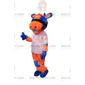 Στολή μασκότ BIGGYMONKEY™ με πορτοκαλί και μπλε αγελάδα με