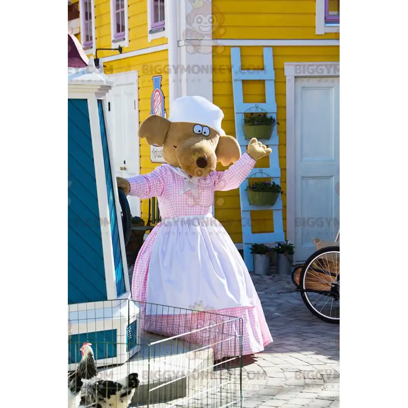 Ruskea porokoiran BIGGYMONKEY™ maskottiasu mekossa esiliinalla Ruskea porokoiran BIGGYMONKEY™ maskottiasu mekossa esiliinalla