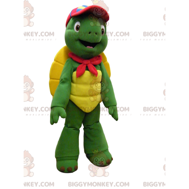 Zabawny kostium maskotki żółwia BIGGYMONKEY™ z czerwoną czapką Zabawny kostium maskotki żółwia BIGGYMONKEY™ z czerwoną czapką