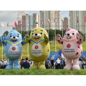 3 mascotes coloridos de leões marinhos BIGGYMONKEY™s –