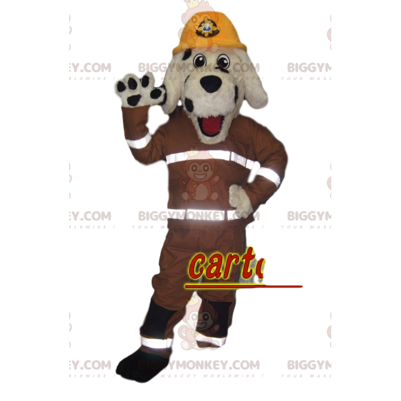 Kostým maskota BIGGYMONKEY™ Bílý a černý pes s hasičským oblečením - Maskoti psů - BIGGYMONKEY_013533 - BiggyMonkey.com