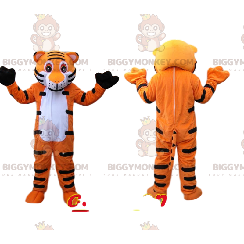 Disfraz de mascota BIGGYMONKEY™ de tigre naranja y negro muy Disfraz de mascota BIGGYMONKEY™ de tigre naranja y negro muy