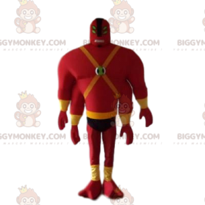 Hombre en traje rojo de mascota BIGGYMONKEY™ con cuatro brazos