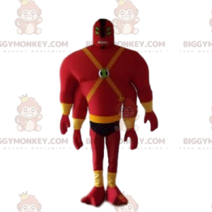 Άνδρας με κόκκινο κοστούμι μασκότ BIGGYMONKEY™ με τέσσερα χέρια
