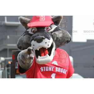Kostým maskota BIGGYMONKEY™ Šedý vlk v červeném sportovním