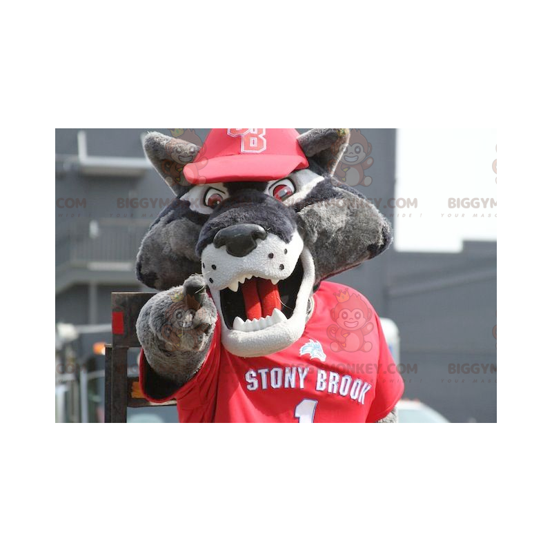 BIGGYMONKEY™ Mascottekostuum Grijze wolf in rood sportkleding -