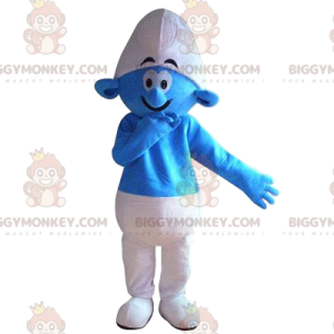 BIGGYMONKEY™ maskotdräkt blå och vit smurf med ett stort leende