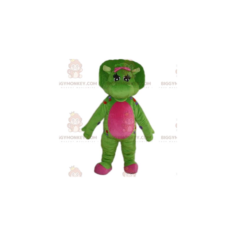 Disfraz de mascota BIGGYMONKEY™ de dinosaurio verde y fucsia Disfraz de mascota BIGGYMONKEY™ de dinosaurio verde y fucsia