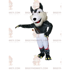 Grå og hvid ulv BIGGYMONKEY™ maskotkostume med hvide gymshorts