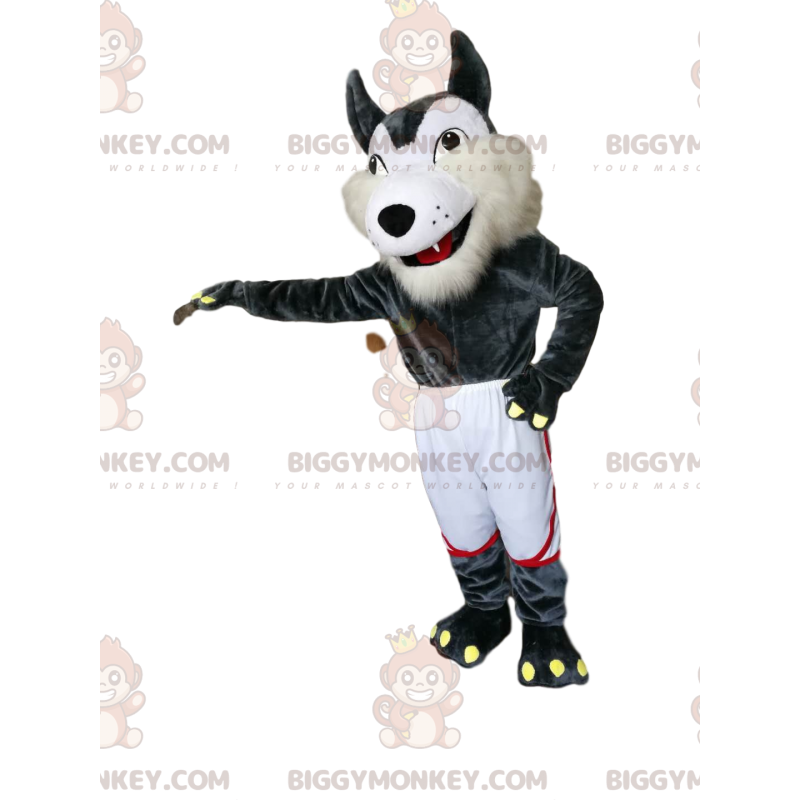 Grå och vit varg BIGGYMONKEY™ maskotdräkt med vita gymshorts - Grå och vit varg BIGGYMONKEY™ maskotdräkt med vita gymshorts -