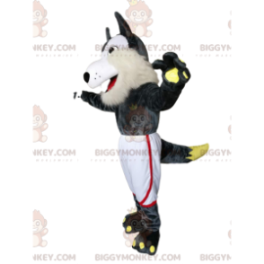 Costume de mascotte BIGGYMONKEY™ de loup gris et blanc avec un