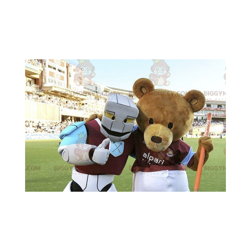 Duo de mascottes BIGGYMONKEY™ un ours marron et un robot blanc Duo de mascottes BIGGYMONKEY™ un ours marron et un robot blanc