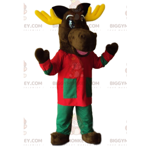 Reindeer BIGGYMONKEY™ Mascot Costume with cute red and green