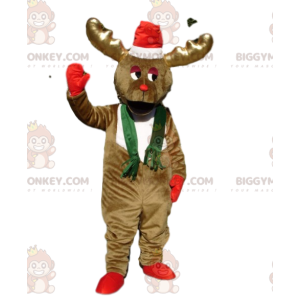 BIGGYMONKEY™ Ice Brown Reindeer Mascot Costume With Santa Hat –