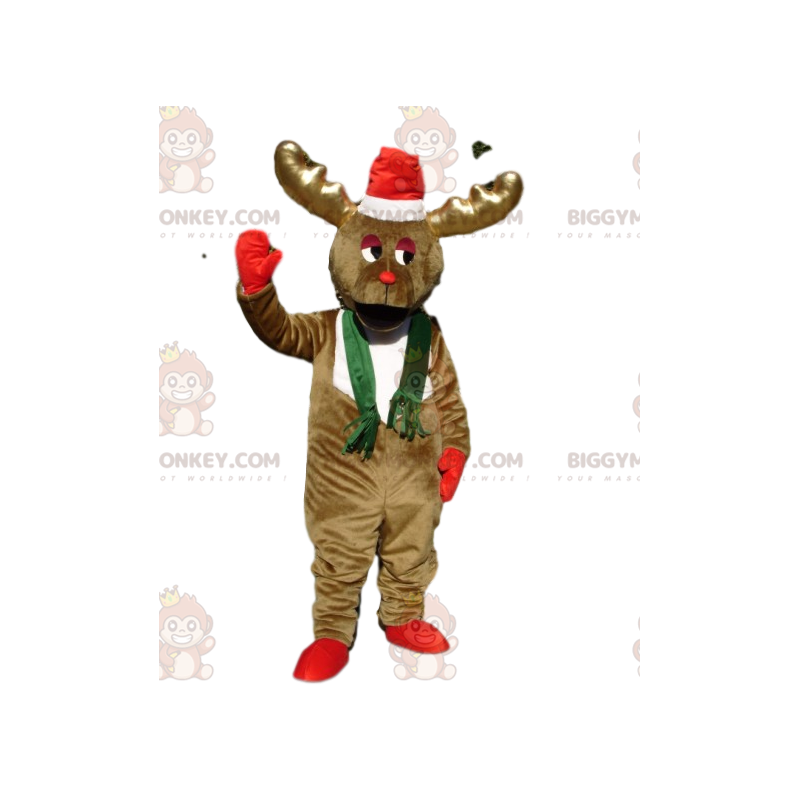 BIGGYMONKEY™ Ice Brown Reindeer Mascot Costume With Santa Hat -