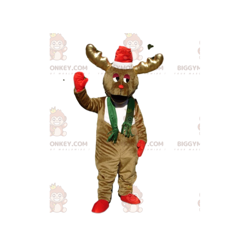 BIGGYMONKEY™ isbrun rensdyrmaskotkostume med nissehue - Hjort og doe-maskoter - BIGGYMONKEY_013591 - BiggyMonkey.com