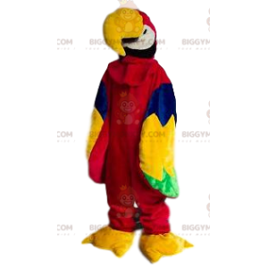 Traje de mascote de papagaio multicolorido muito sorridente