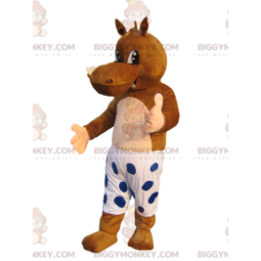 Costume de mascotte BIGGYMONKEY™ d'hippopotame marron avec un short blanc et des pois bleus - BiggyMonkey.com