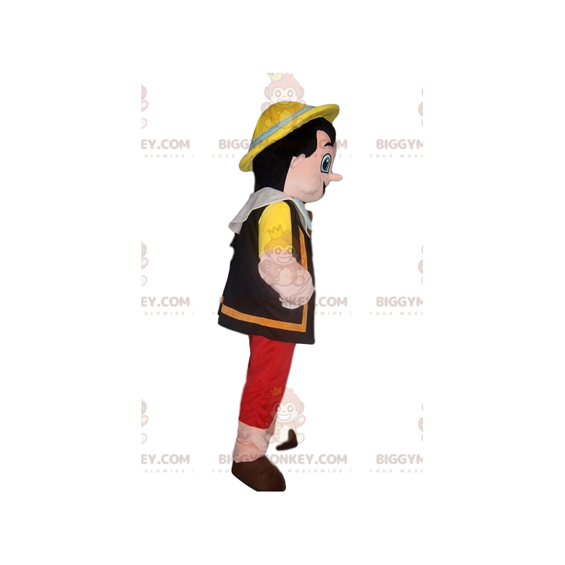 Glad Pinocchio BIGGYMONKEY™ maskotdräkt med gul hatt - Glad Pinocchio BIGGYMONKEY™ maskotdräkt med gul hatt -
