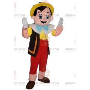 Kostým Happy Pinocchio BIGGYMONKEY™ maskota se žlutým kloboukem