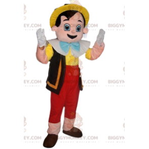 Kostým Happy Pinocchio BIGGYMONKEY™ maskota se žlutým kloboukem