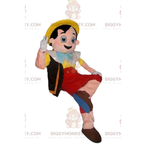 Happy Pinocchio BIGGYMONKEY™ mascottekostuum met gele hoed - Mascottes beroemde mensen - BIGGYMONKEY_013605 - BiggyMonkey.com