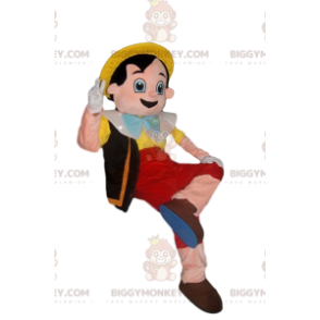 Glad Pinocchio BIGGYMONKEY™ maskotdräkt med gul hatt -