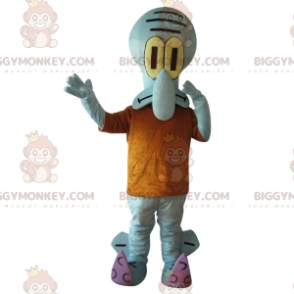 Squidward Tentacle BIGGYMONKEY™ maskottiasu oranssilla t-paidalla, SpongeBob SquarePantsilta - BiggyMonkey.com