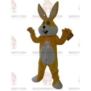 Fantasia de mascote de coelho amarelo e branco super alegre