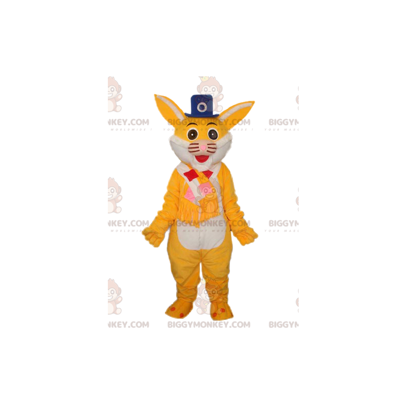 Costume de mascotte BIGGYMONKEY™ de chat jaune avec un chapeau Costume de mascotte BIGGYMONKEY™ de chat jaune avec un chapeau