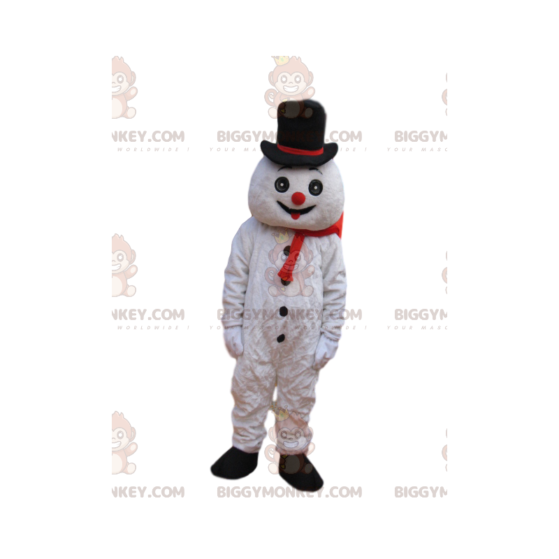 BIGGYMONKEY™ Grappige sneeuwman mascotte kostuum met zwarte BIGGYMONKEY™ Grappige sneeuwman mascotte kostuum met zwarte