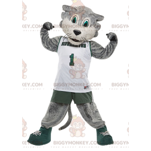 BIGGYMONKEY™ μασκότ στολή γκρι και λευκή γάτα σε αθλητικά ρούχα