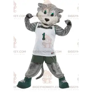BIGGYMONKEY™ μασκότ στολή γκρι και λευκή γάτα σε αθλητικά ρούχα
