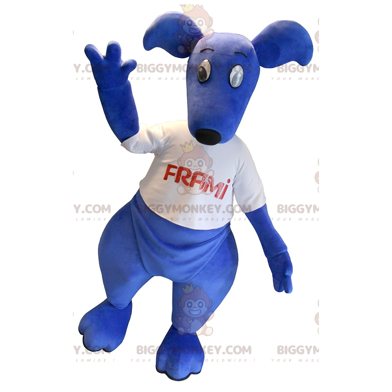 Fantasia de mascote BIGGYMONKEY™ canguru azul com camiseta Fantasia de mascote BIGGYMONKEY™ canguru azul com camiseta