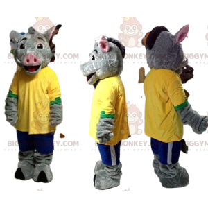 BIGGYMONKEY™ Mascot Costume Gray Boar with Yellow Jersey and