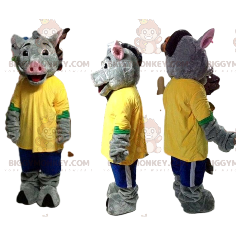 BIGGYMONKEY™ maskottiasu Harmaa villisian keltaisella jerseyllä BIGGYMONKEY™ maskottiasu Harmaa villisian keltaisella jerseyllä