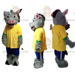 Traje de mascote BIGGYMONKEY™ Javali cinza com camisa amarela e