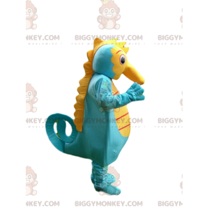 Disfraz de mascota caballito de mar azul y amarillo