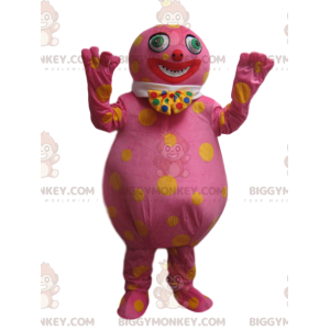  BIGGYMONKEY™ Rosa galna manmaskotdräkt med gula prickar - Maskoter kända människor - BIGGYMONKEY_013676 - BiggyMonkey.com