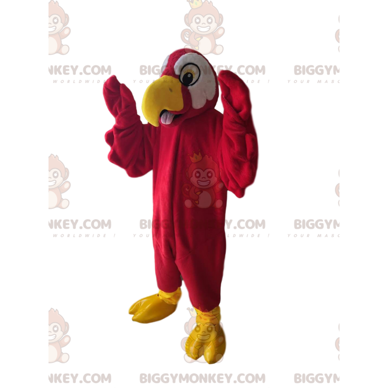 BIGGYMONKEY™ mascottekostuum rode papegaai met schattige gele BIGGYMONKEY™ mascottekostuum rode papegaai met schattige gele