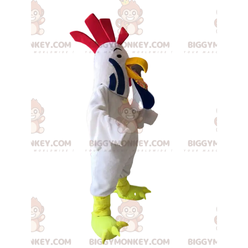 BIGGYMONKEY™ Maskottchen-Kostüm Weißer Hahn mit gekräuseltem BIGGYMONKEY™ Maskottchen-Kostüm Weißer Hahn mit gekräuseltem